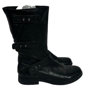 EILEEN FISHER Black Leather Moto Boots with Straps and Side Zips Size 7